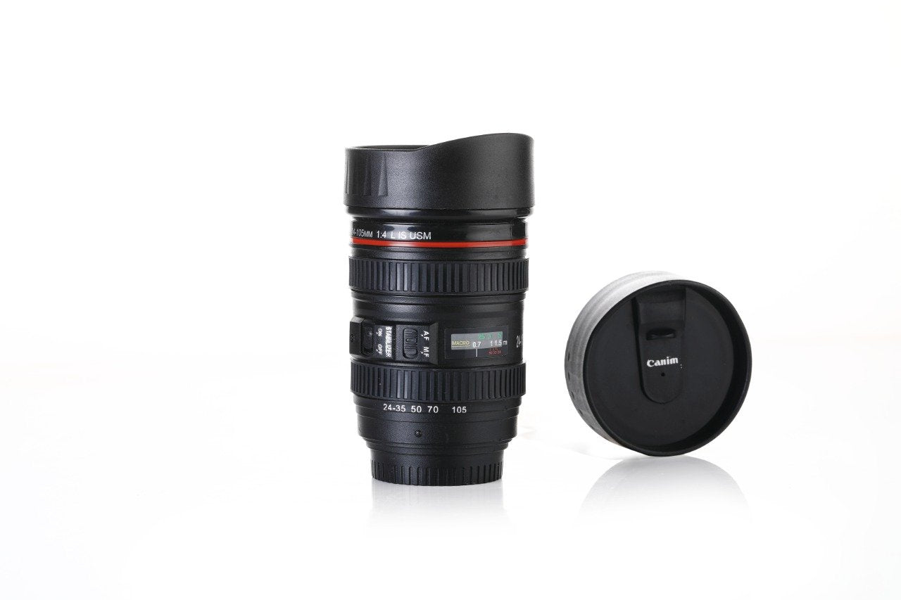 Coffee flask with camera lens design, including a lid Coffee flask with camera lens design, including a lid